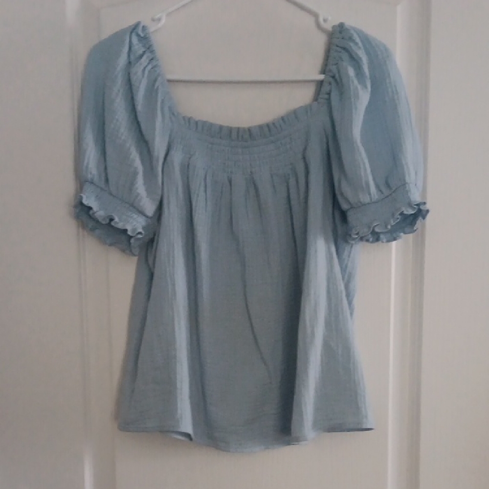 J. Crew Light Blue Smocked Neck Puff Sleeve Blouse